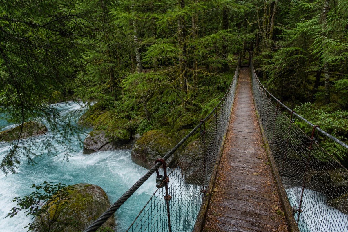 The Train Wreck Trail suspension bridge over the Cheakamus River near Whistler
