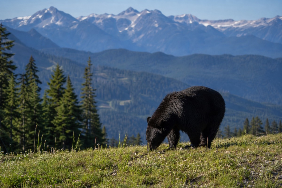A black bear grazing on a green ski slope above Whistler village in early summer