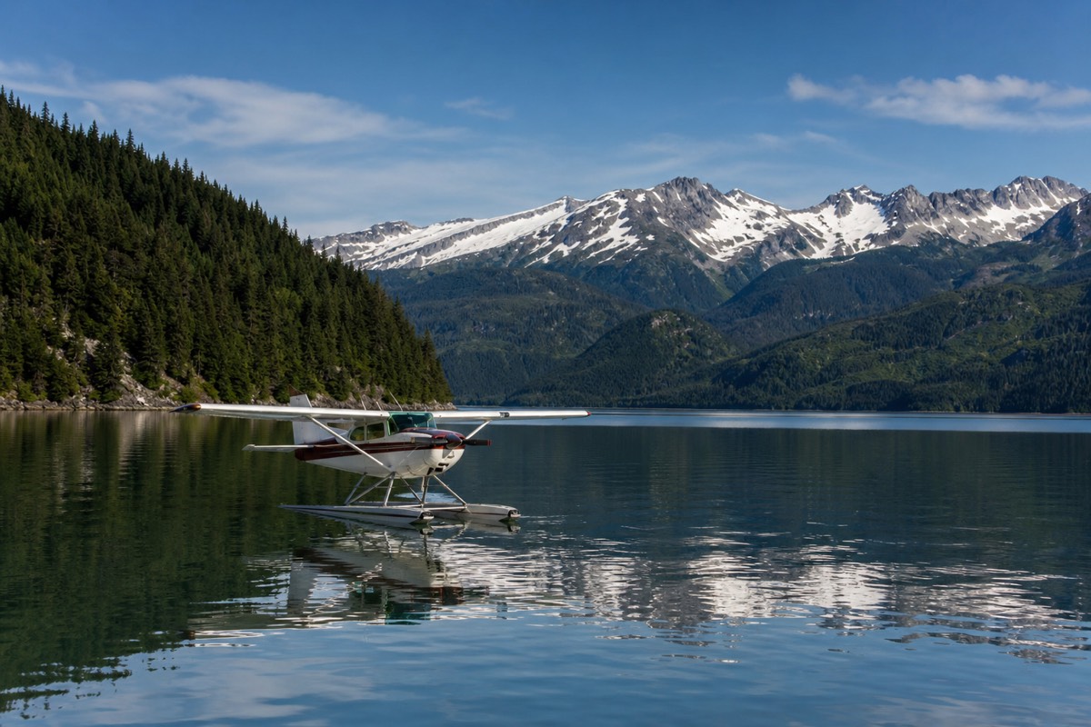 A seaplane over the lakes near Whistler