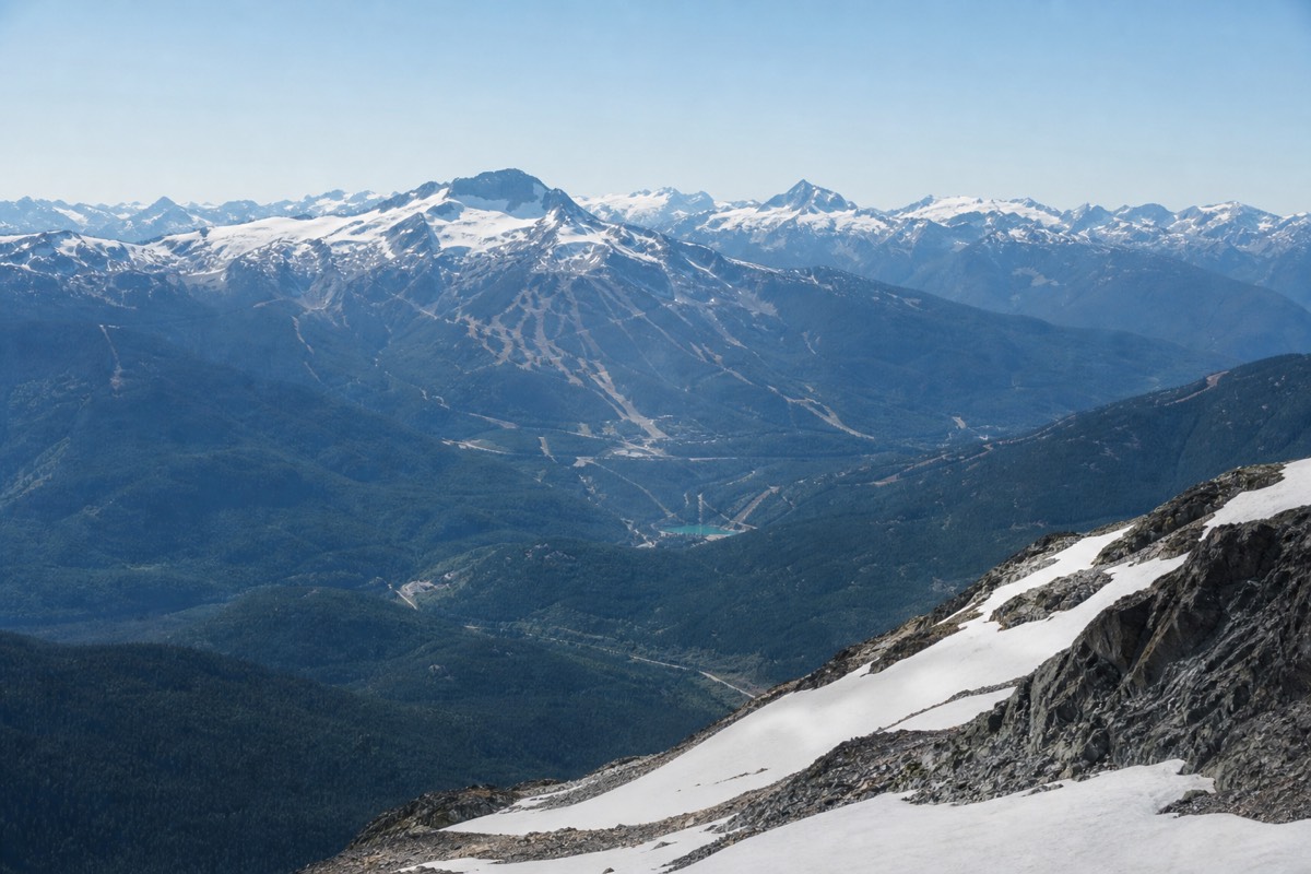The view across Whistler and Blackcomb mountains from the alpine
