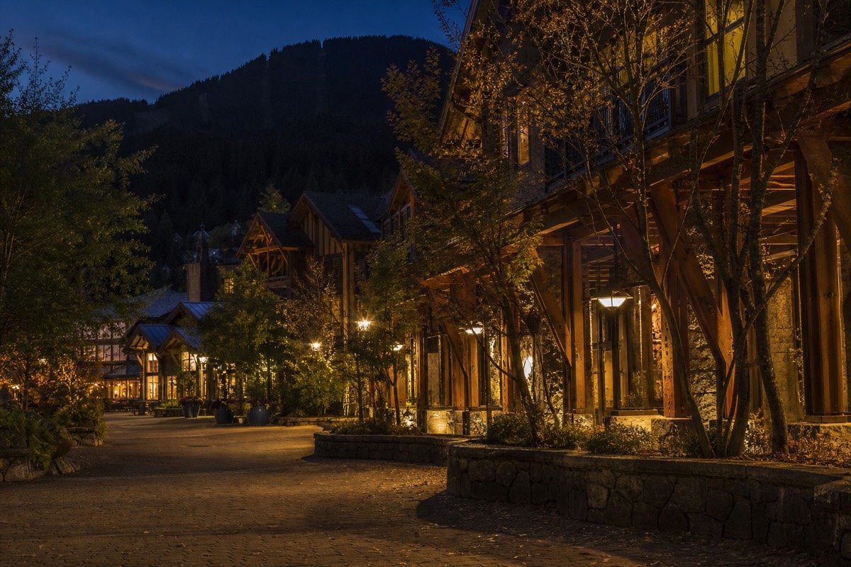 Whistler Village lit up on a winter evening